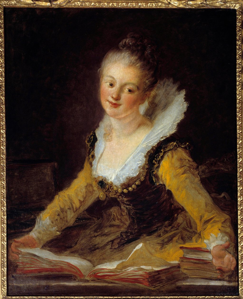 Studie. En kvinna har sitt kontor och bläddrar i böcker för att lära sig. Målning av Jean Honore Fragonard (1732-1806) av Jean Honore Fragonard