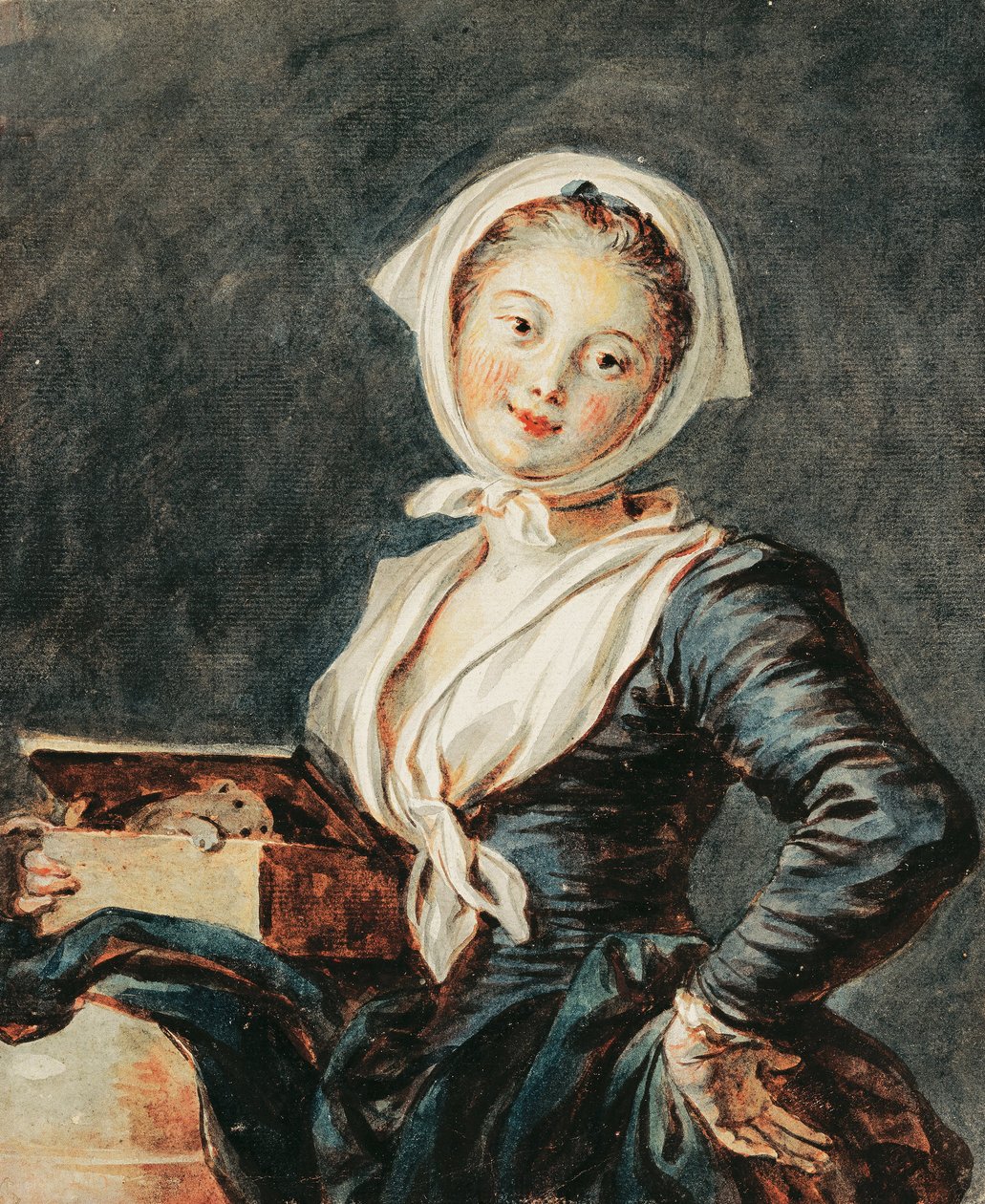 Flickan med murmeldjur, ca 1785-8 (akvarell och sangvin över svart krita på papper) av Jean Honore Fragonard