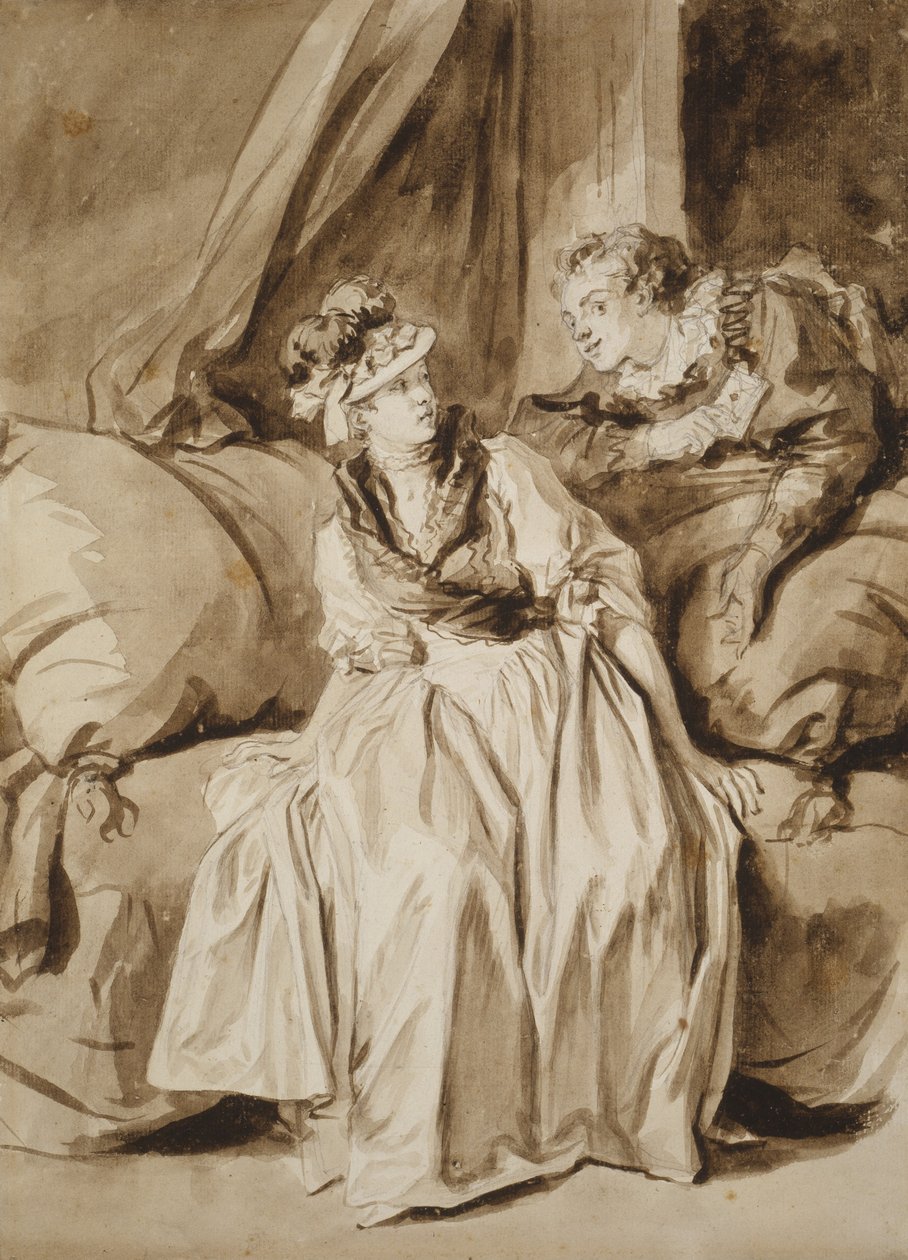 Brevet, eller det spanska samtalet, ca. 1778 (pensel & brunt bläck med brun tvätt & grafit på elfenbenspapper) av Jean Honore Fragonard