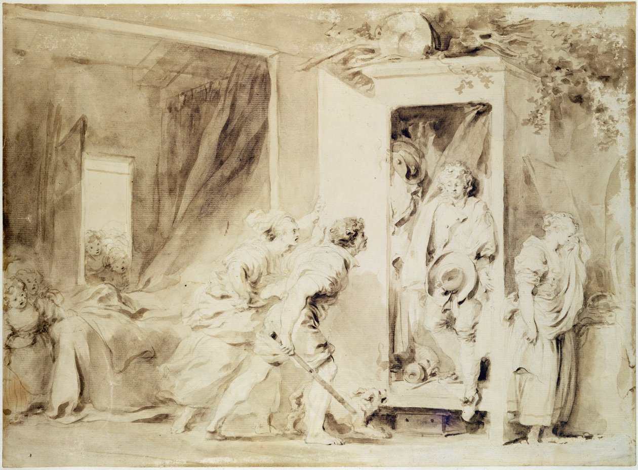 The Surprised Lover, 1755 (brun penna över krita preliminär ritning) av Jean Honore Fragonard