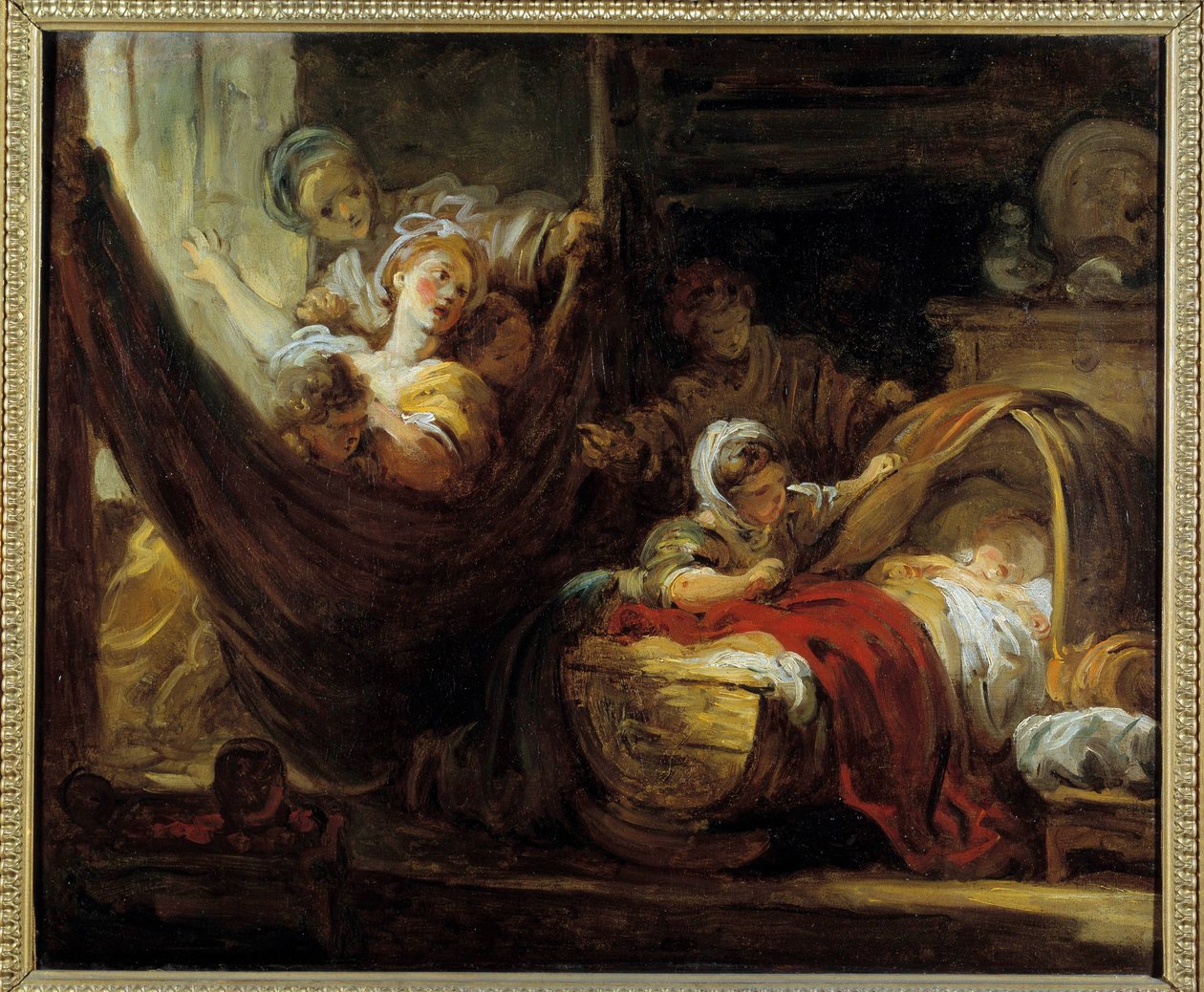 Vaggan En mamma på en hängmatta omgiven av sina döttrar och ett spädbarn i en korg. Målning av Jean Honore Fragonard (1732-1806) Amiens från 1700-talet, Musee de Picardie av Jean Honore Fragonard