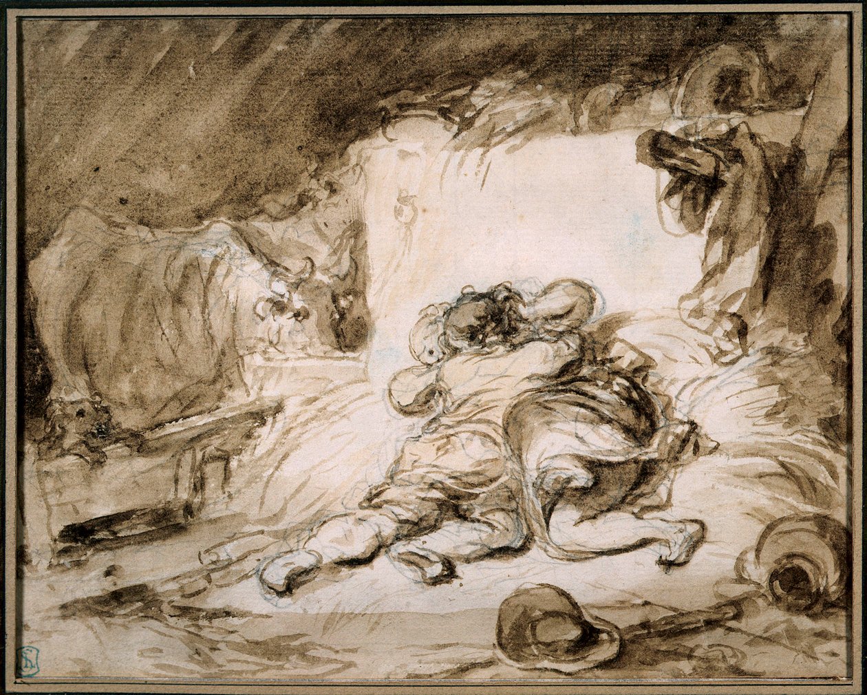 Stallet Ett par omfamnar på en höstack. Teckning i tvätten av Jean Honore Fragonard (1732-1806) Paris. Musee Cognacq Jay av Jean Honore Fragonard
