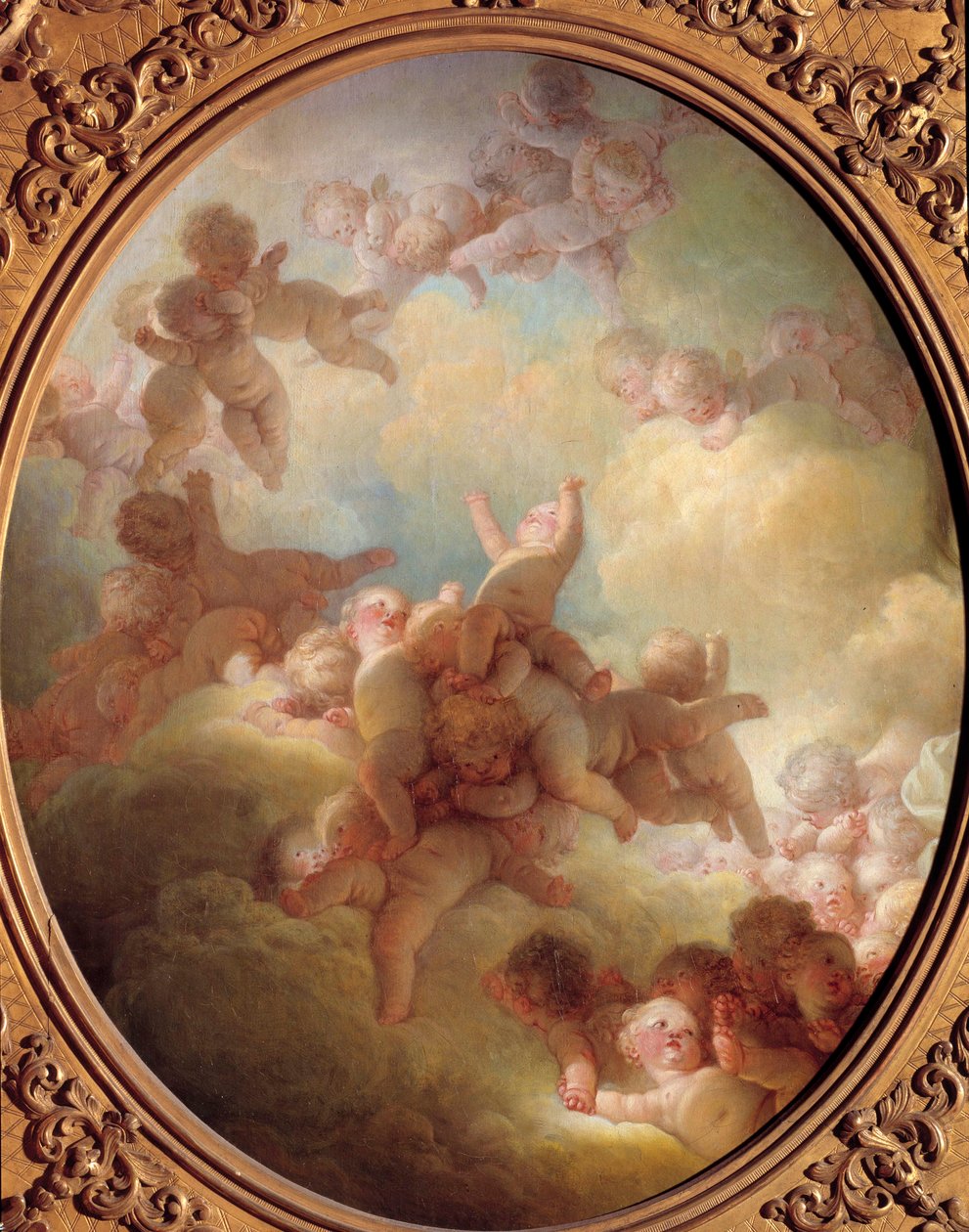Svärmen av Love Group i molnen. Målning av Jean Honore Fragonard (1732-1806) 1700-talets sön. 0,56x0,65 m Paris musee du Louvren av Jean Honore Fragonard