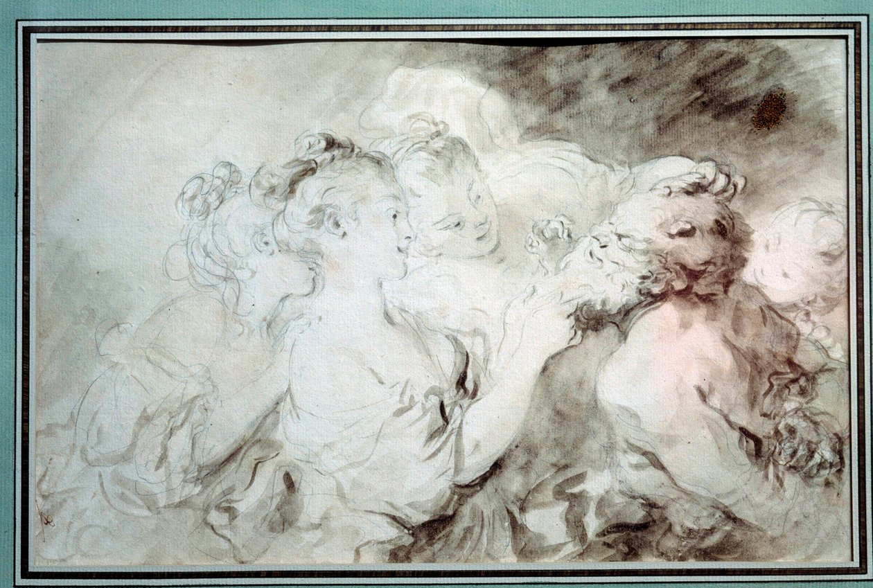 Unga flickor som brottas med en satyr Unga kvinnor har roligt med en satyrskägg. Ritning i Bistre Wash av Jean Honore Fragonard (1732-1806) Privatsamling från 1700-talet av Jean Honore Fragonard