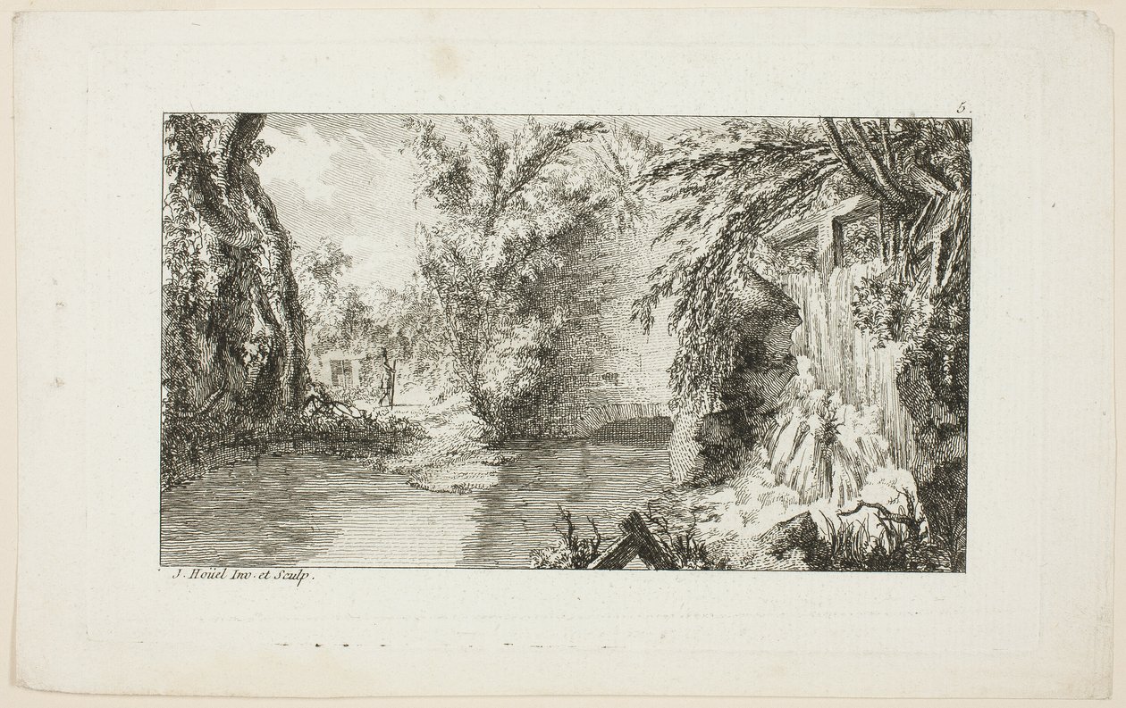 Landskap med en vandrare och en kaskad, plansch 5 från den andra sviten Livre de paysages (Landskapsboken) av Jean Hoüel
