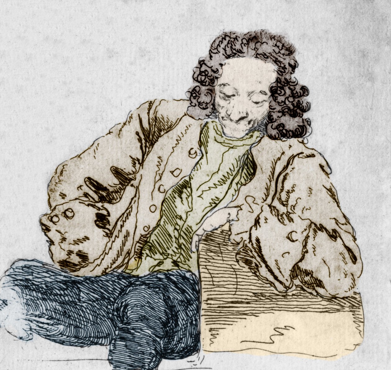 Porträtt av Francois Marie Arouet, denna Voltaire (1694-1778) detalj efter "Voltaires olika fysiognomier", av Huber. av Jean Huber