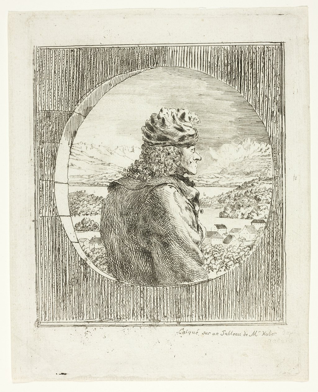 Voltaire sedd i profil av Jean Huber