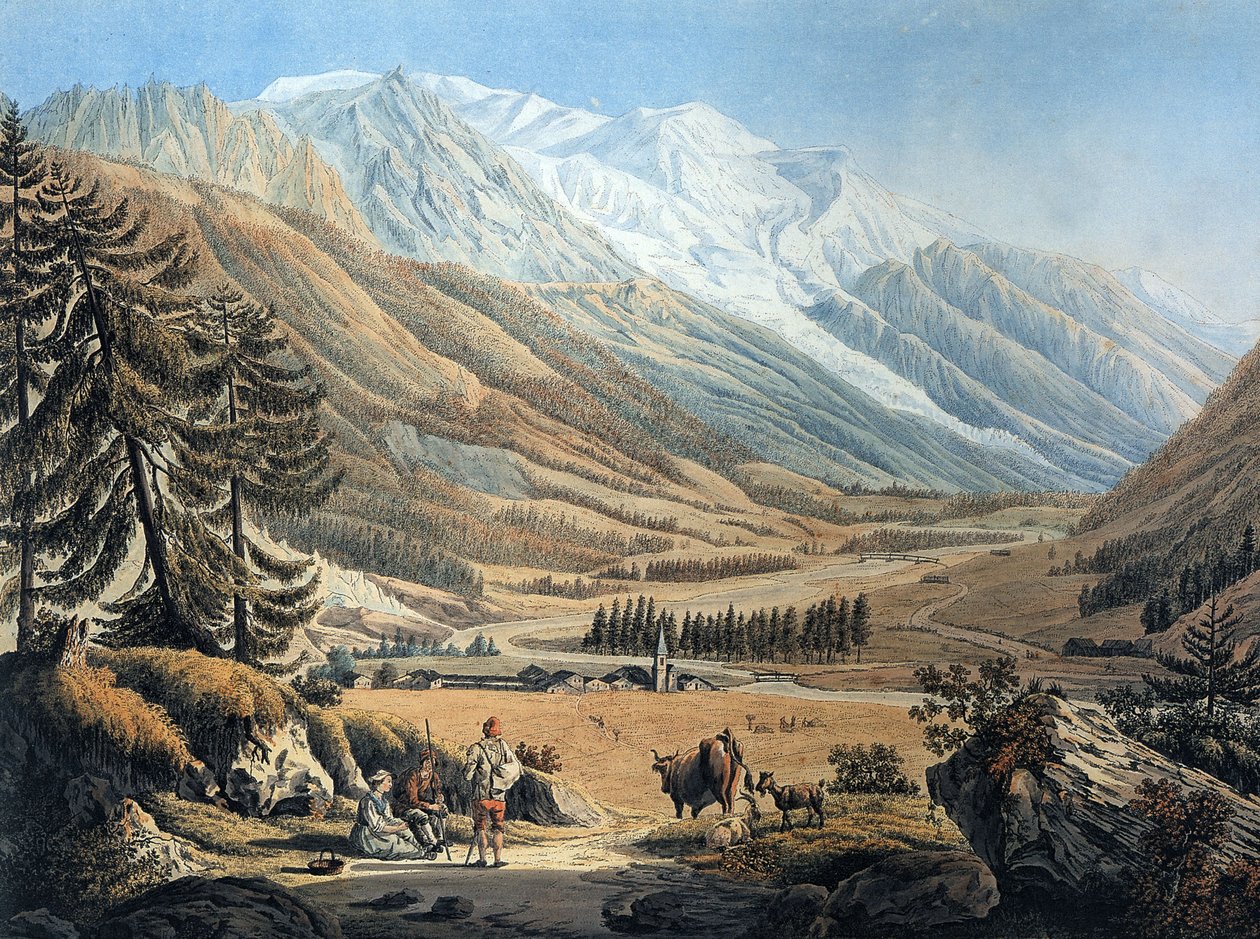 vy över Chamonixdalen, från byn Argentiere av Jean Daniel Huber under resa ca 1785 (gravyr) av Jean Huber