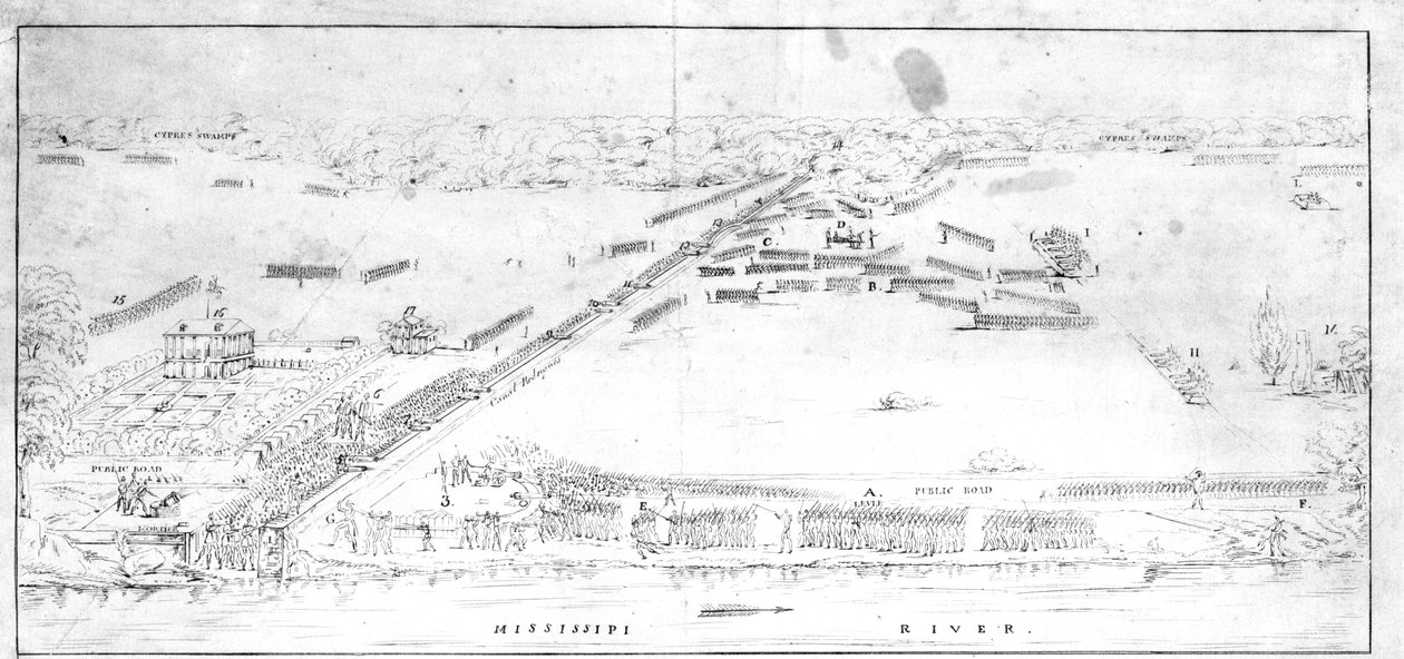 Utsikt över slaget nära Chalmettes plantage, 8 januari 1815. av Jean Hyacinthe Laclotte