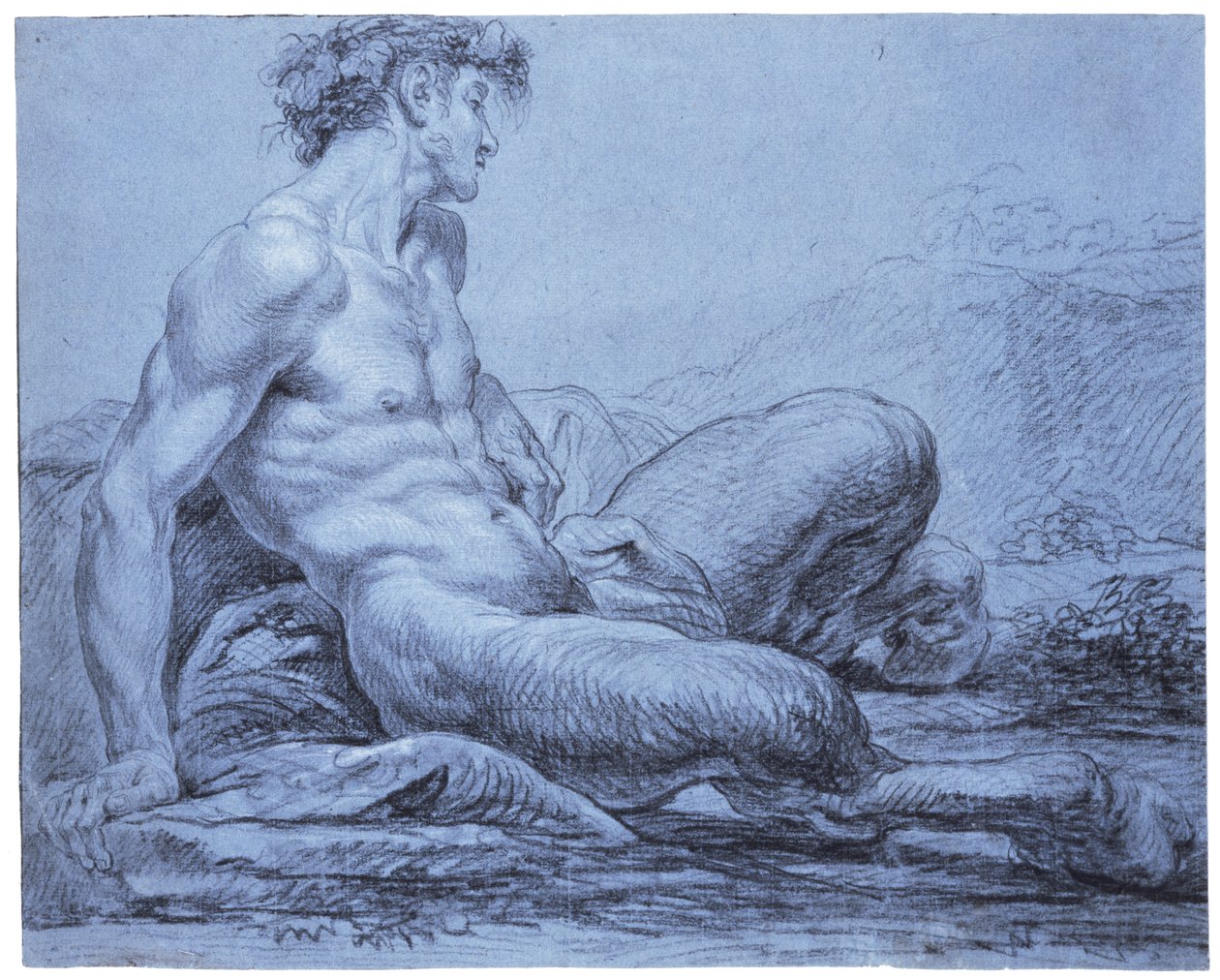 En sittande faun, ca 1755-57 (svartvit krita på blått papper) av Jean II Restout