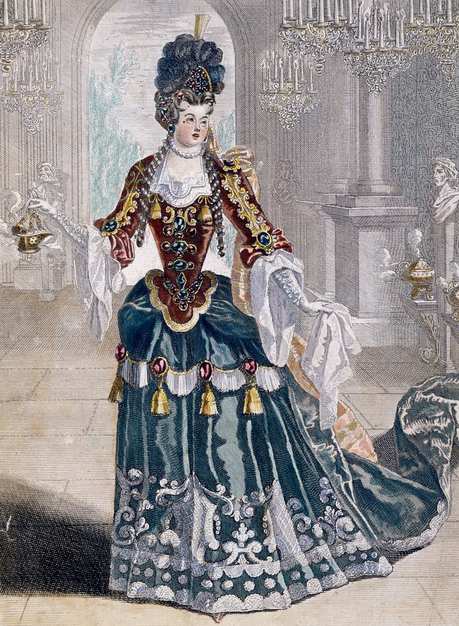 Porträtt av Mademoiselle Desmatins (1682-1708), musiker vid Operan, gravyr av Jean Berain av Jean I  Berain