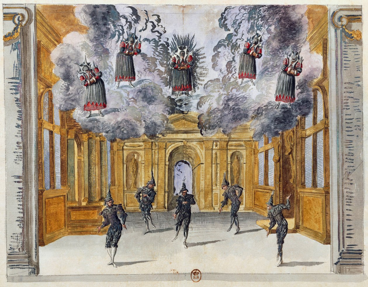 Scenografi av Jean Berain den äldre (1640-1711) för Le feste di Amore e di Bacco (Kärlekens och Bacchus firande), balett av Jean-Baptiste Lully (1632-1687), framförd på Palais-Royal i Paris, 15 november av Jean I  Berain