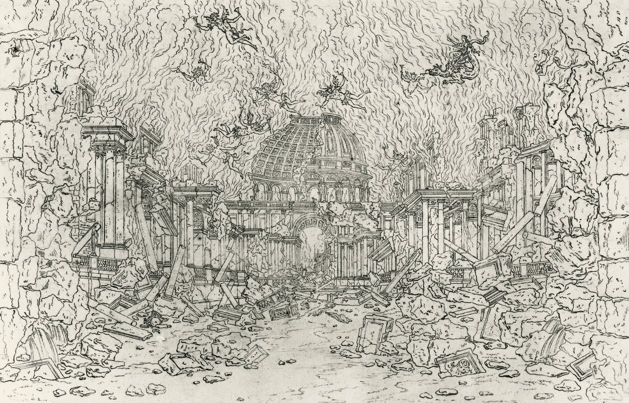 Förstörelse av byggnaden, skiss av Jean Berain (1640-1711), för Armide, av Jean-Baptiste Lully (1632-1687), Frankrike av Jean I  Berain