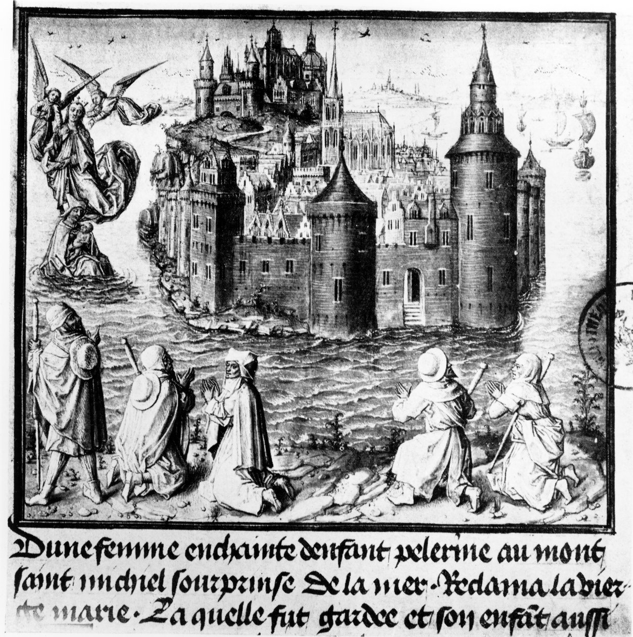 Gravid kvinna på pilgrimsfärd till Mont Saint-Michel fångas av tidvattnet men räddas mirakulöst genom ingripande av Jungfru Maria av Jean I Le Tavernier