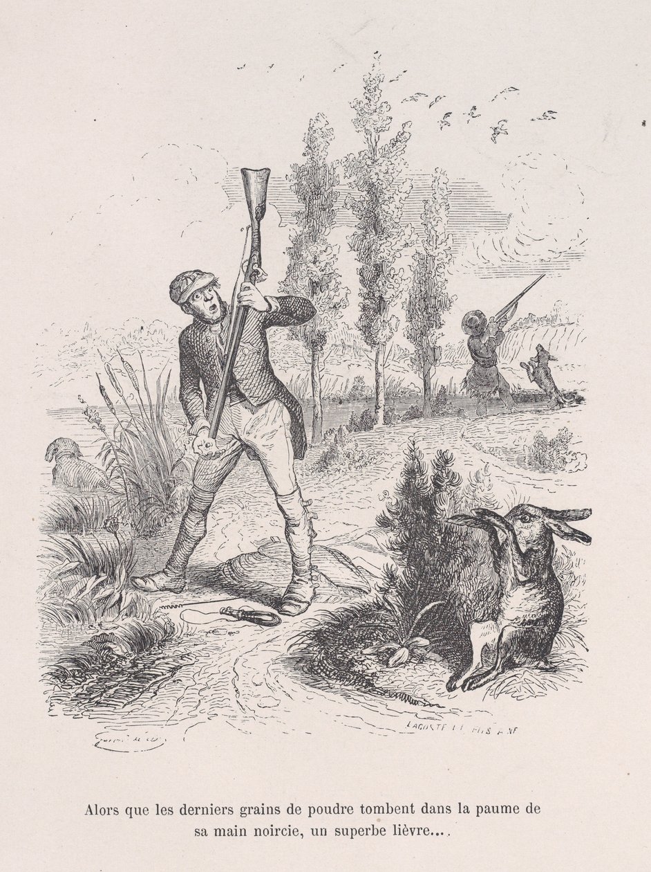 När de sista puderkornen faller ner i hans svärtade hand, kommer en fantastisk hare... fr..., 1843. av Jean Ignace Isidore Gérard