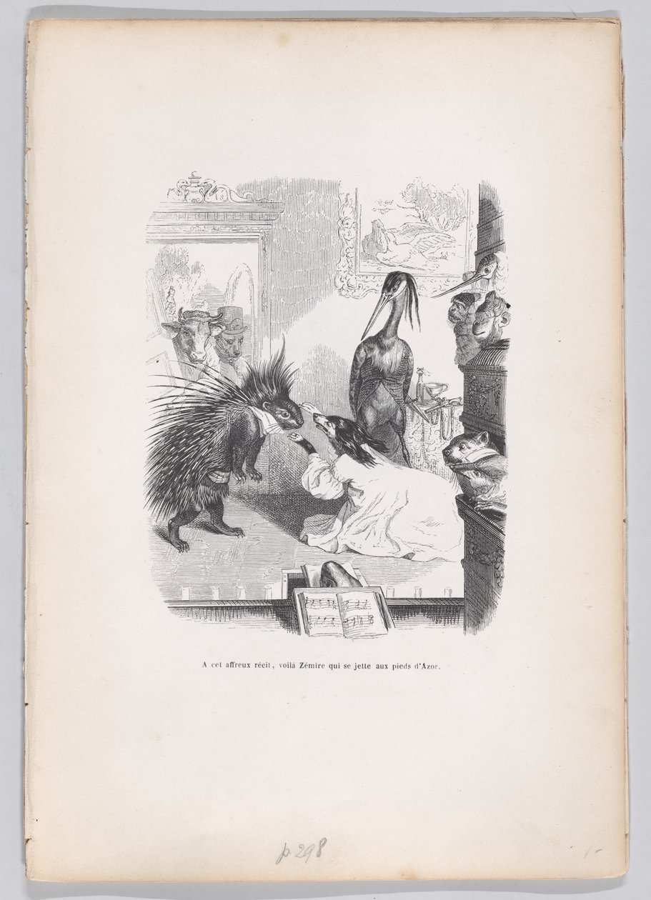 Vid denna skrämmande historia kastar sig Zemire för Azors fötter från Scener från ..., ca. 1837-47. av Jean Ignace Isidore Gérard