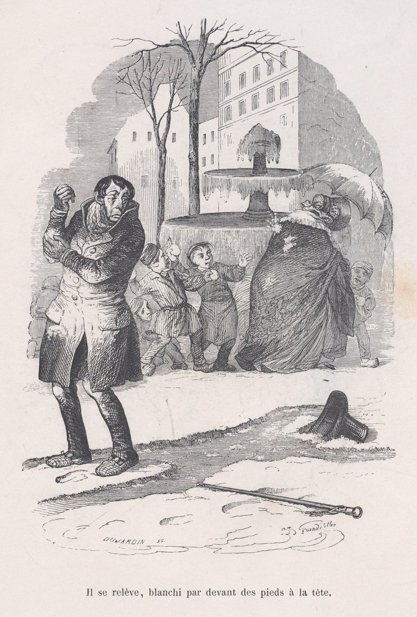 Han reser sig, täckt från topp till tå av snö. från Människolivets små elände, 1843. av Jean Ignace Isidore Gérard
