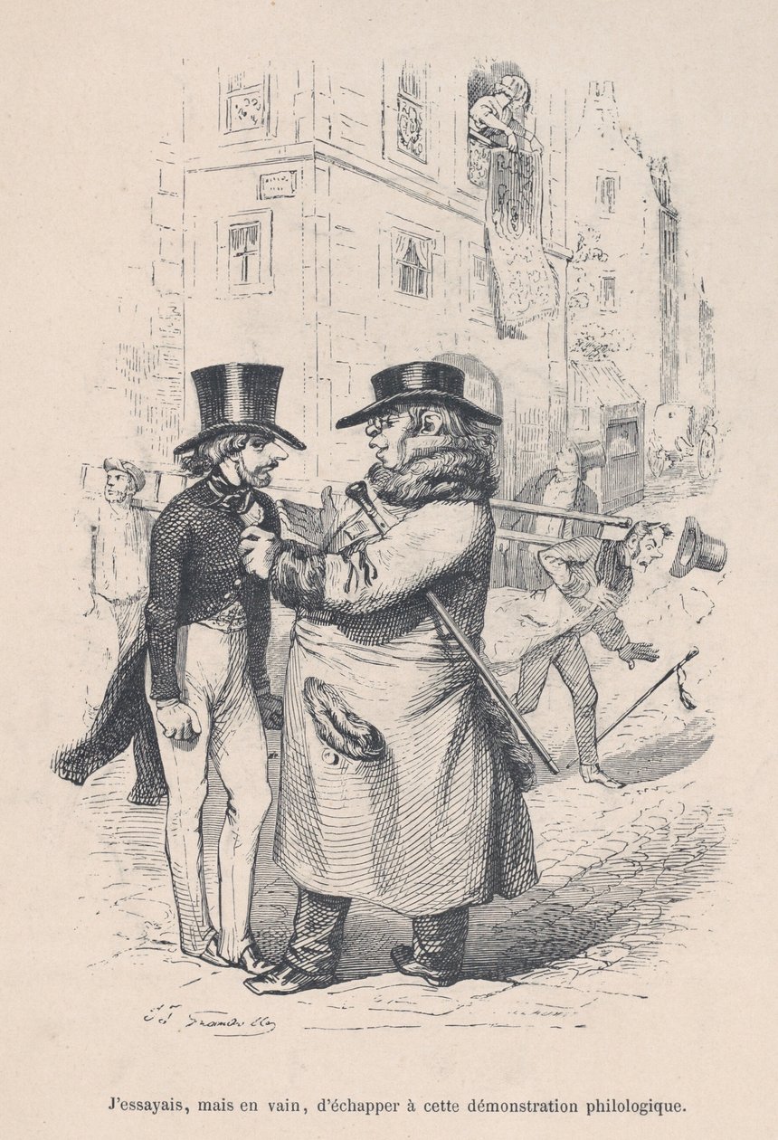 Jag försökte fly från denna filologiska diskussion. från Människolivets små elände..., 1843. av Jean Ignace Isidore Gérard