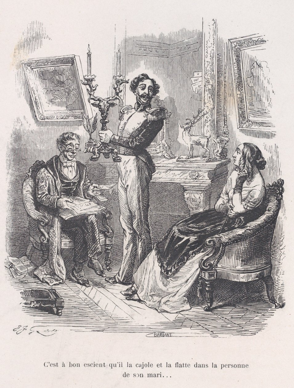 Det är bra att han lockar och smickrar henne inför sin man. från Lilla Miseri..., 1843. av Jean Ignace Isidore Gérard