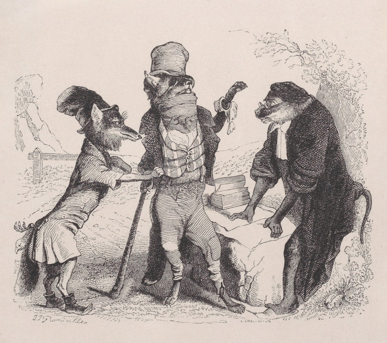 Vargen vädjar mot räven, framför apan, ca. 1838. av Jean Ignace Isidore Gérard