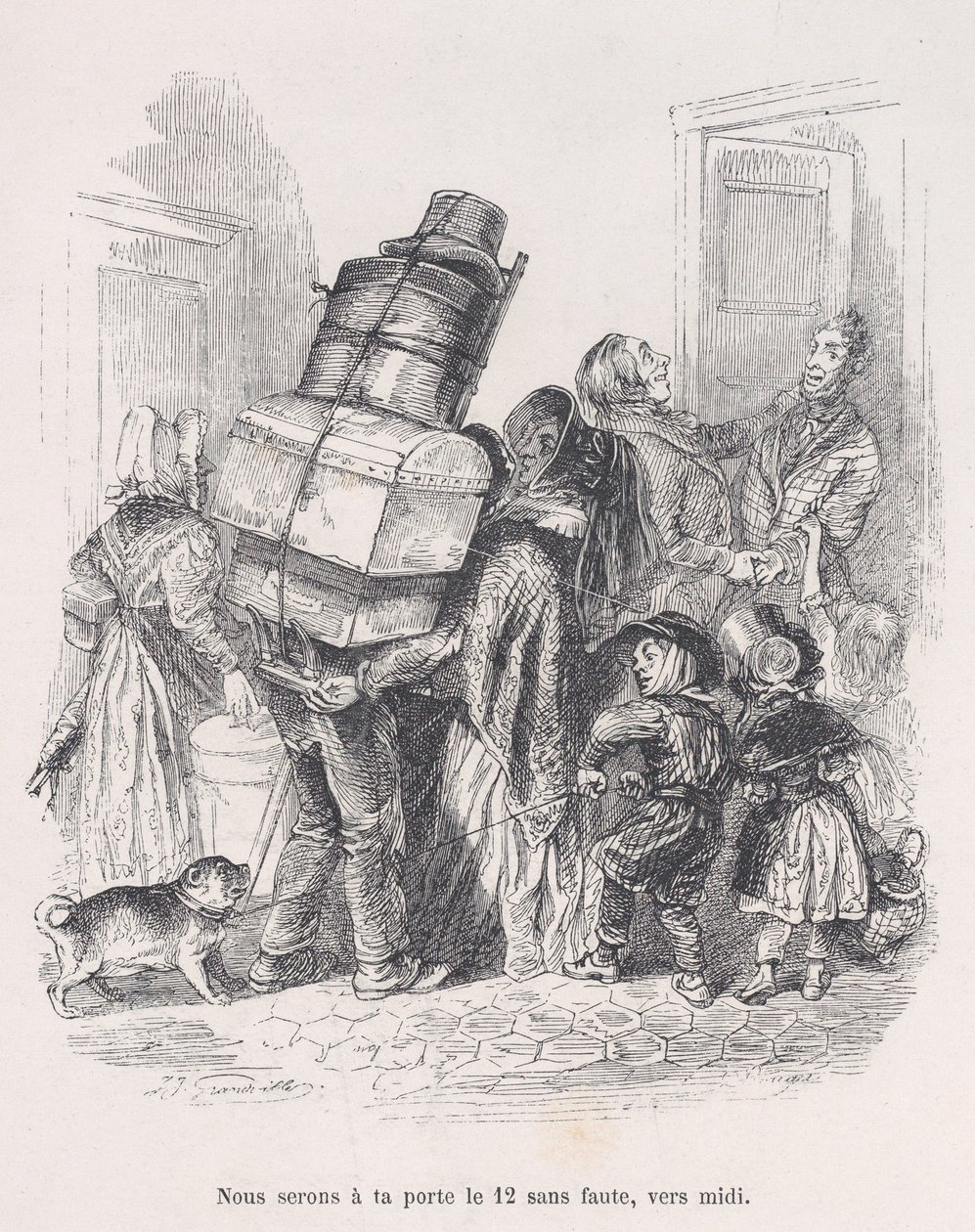 Vi kommer att finnas vid din dörr vid middagstid utan att misslyckas. från Människolivets små elände, 1843. av Jean Ignace Isidore Gérard