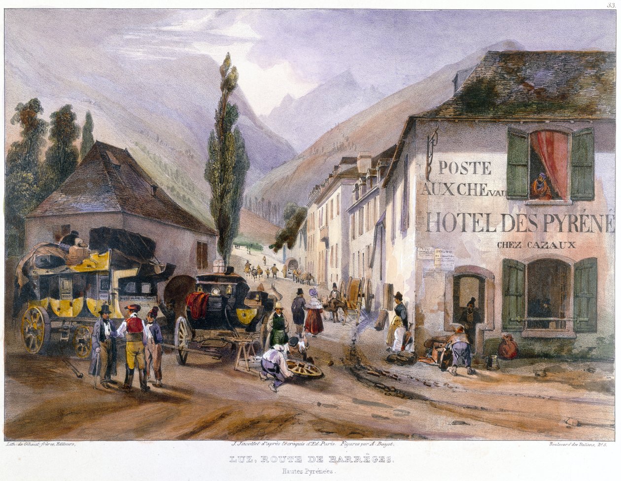 Arrival and Repair of a Stagecoach at Luz on the Road to Barreges, c.1840  av Jean Jacottet