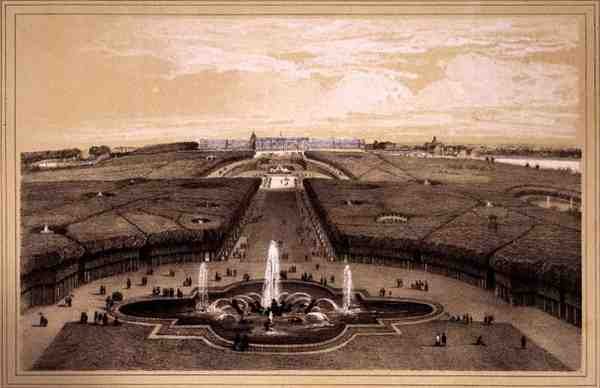 Allmän utsikt över parken och palatset i Versailles, publicerad av Auguste Bry (litho) av Jean Jacottet