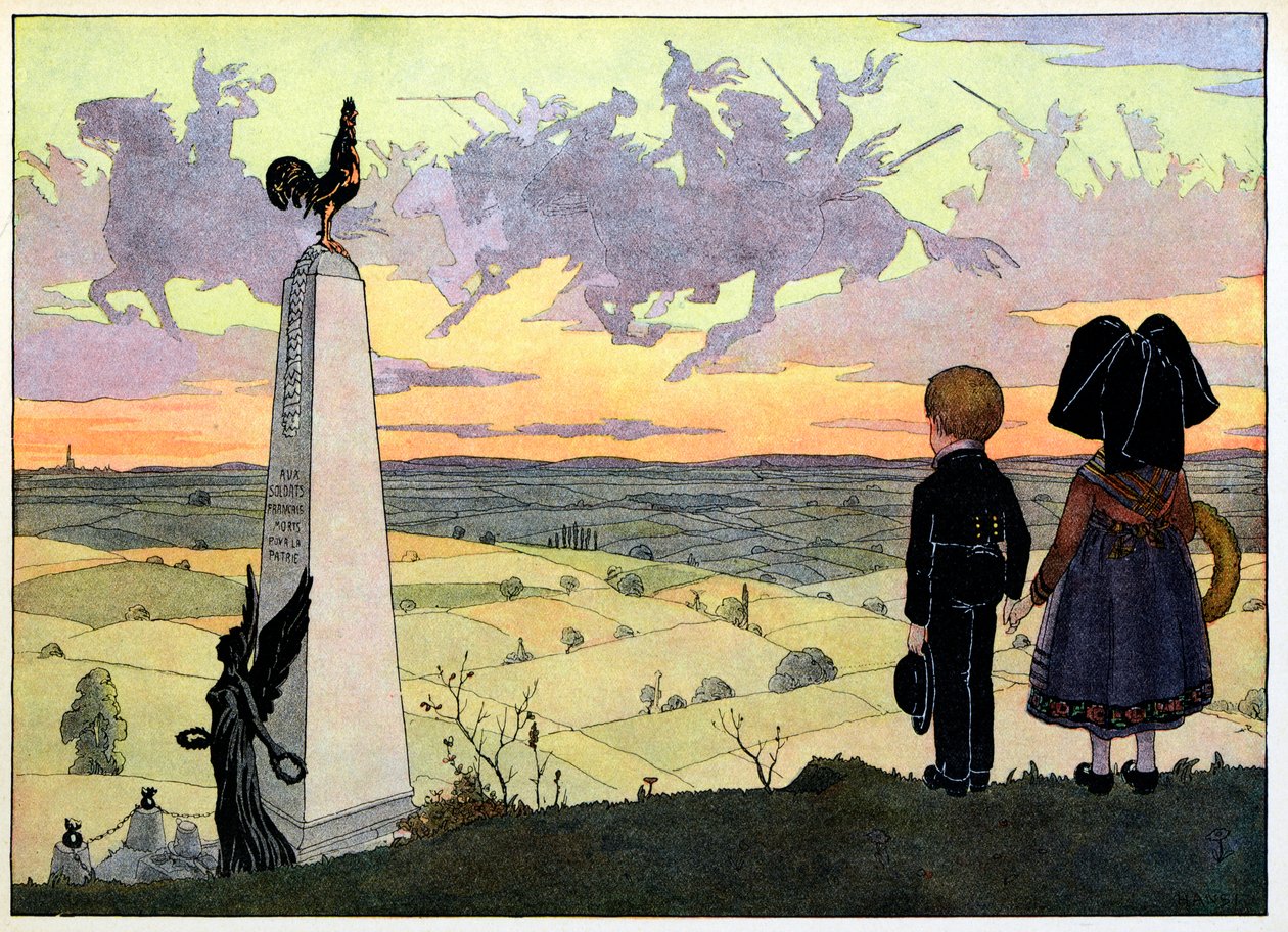 Min by, de som inte glömmer: Slagfältet (Geisbergsmonumentet med de två Spinnerbarnen som poserar för Hansi); av Jean Jacques (1873 1951) Waltz