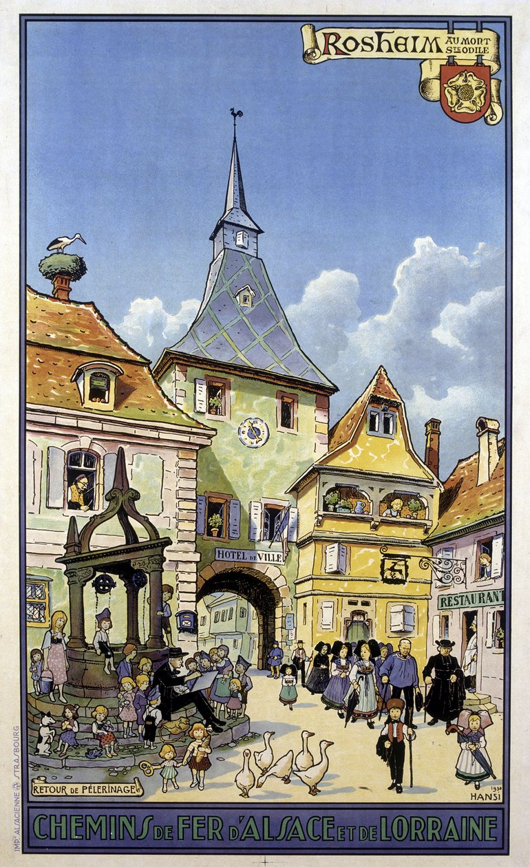 Pilgrimsfärden tillbaka från Mont Sainte Odile till Rosheim - Affisch för järnvägarna i Alsace och Lorraine, av Hansi av Jean Jacques (1873 1951) Waltz