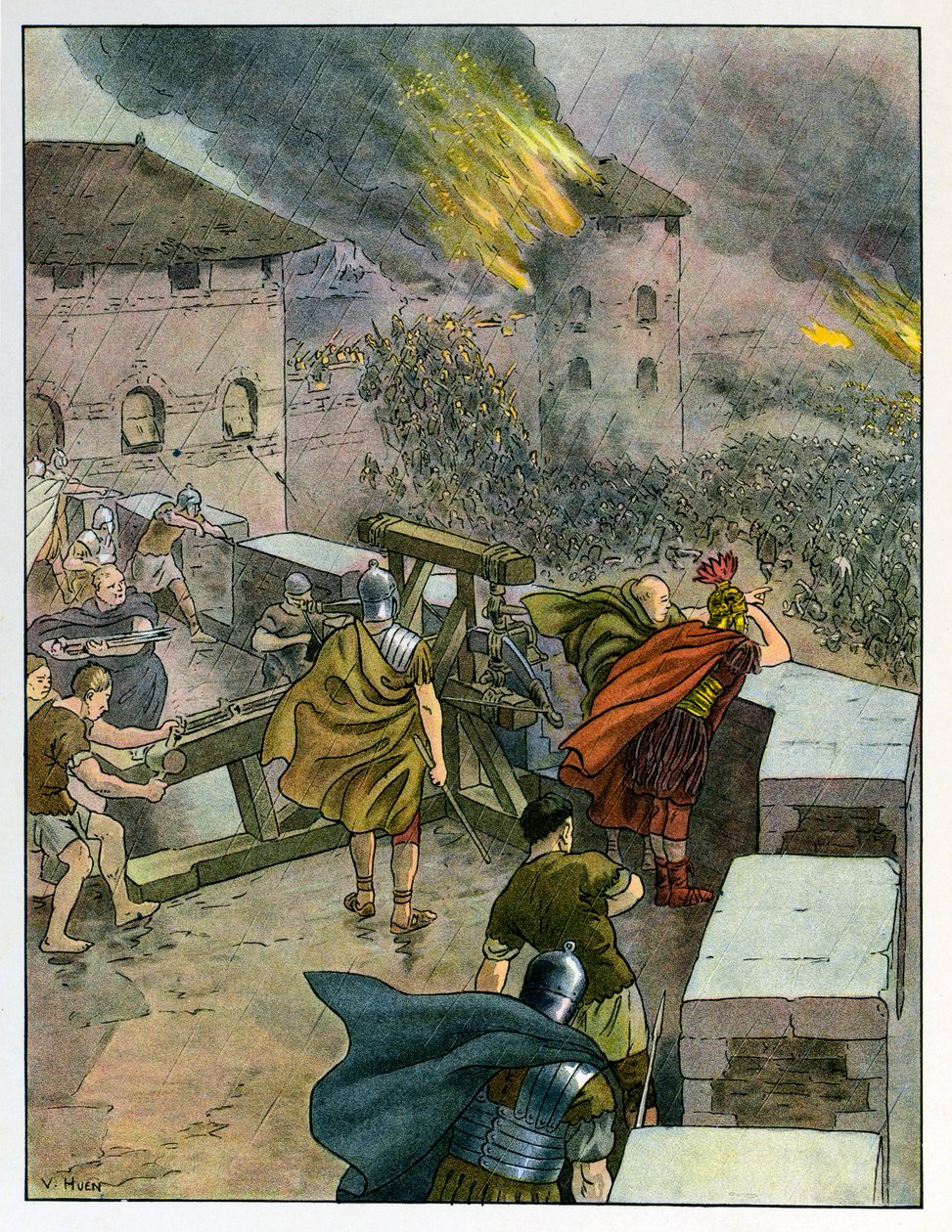 Berättelsen om Alsace berättar för barnen; Slutet av romersk dominans, romarna försvarar städer mot Francs inkräktare; av Jean Jacques (1873 1951) Waltz