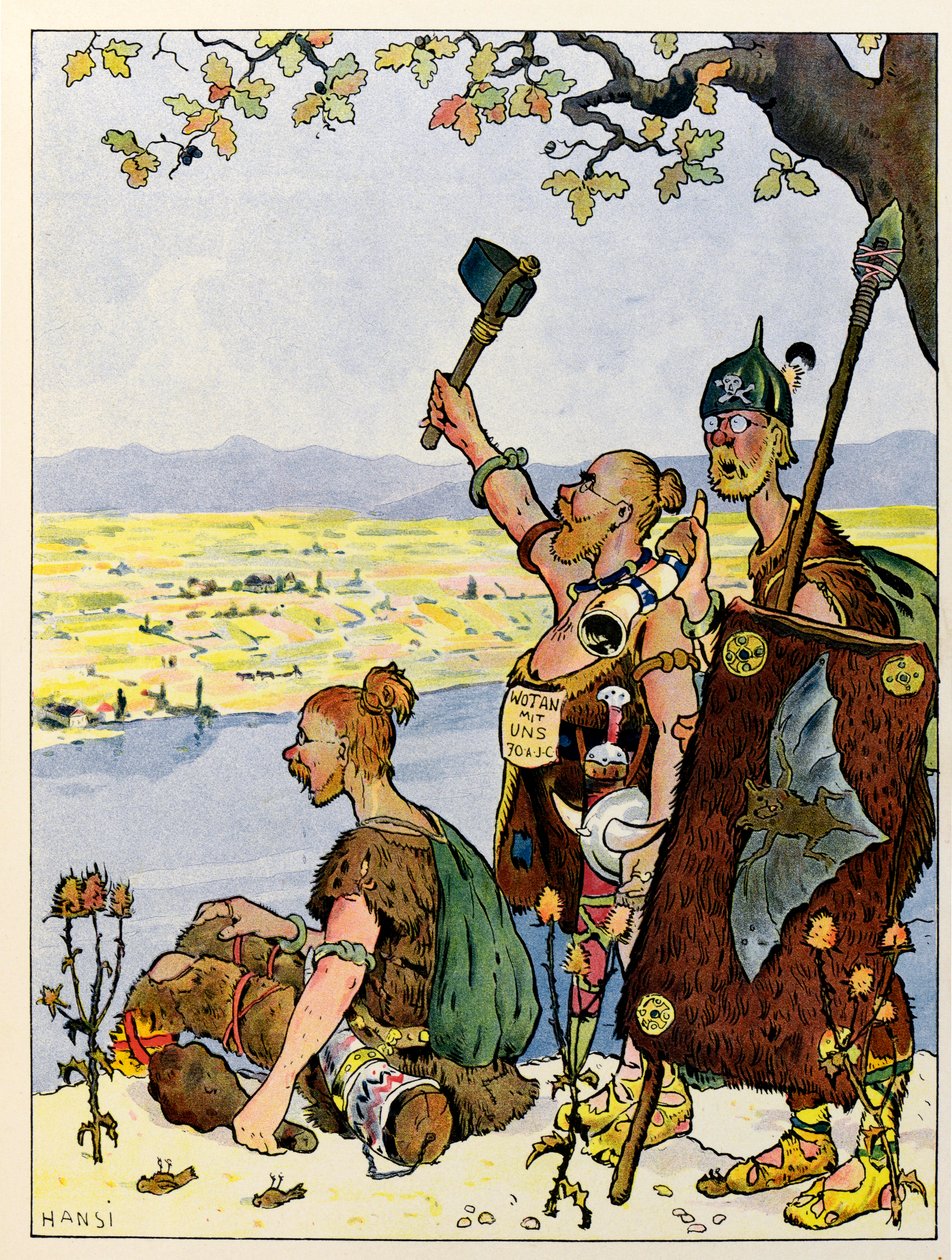 Berättelsen om Alsace berättar för barnen; Les Germains ser Alsace på andra sidan Rhen; av Jean Jacques (1873 1951) Waltz