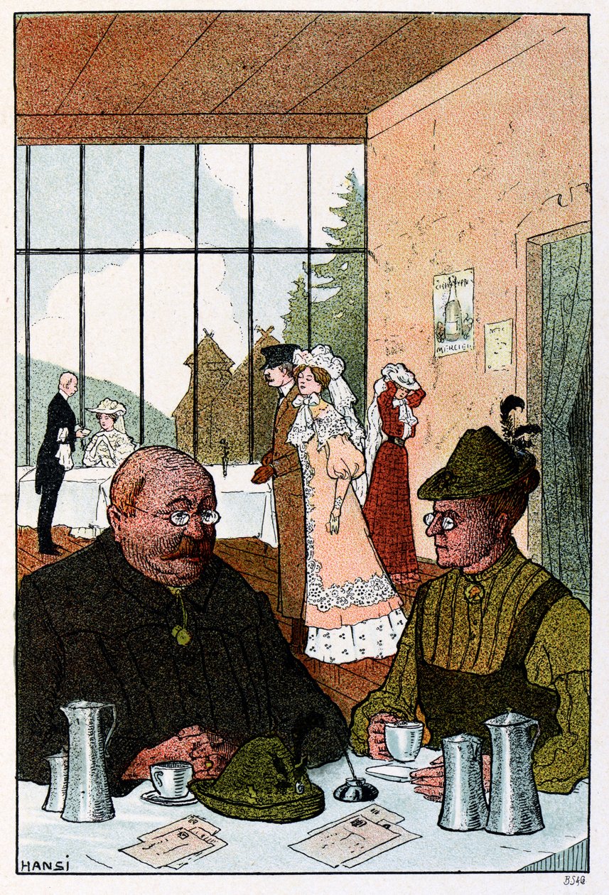 Vogesen Bilder (bilder av Vogeserna) ; På Hotel de la Schucht "Hur djävulen kunde pojken ha gissat att vi är tyskar" av Jean Jacques (1873 1951) Waltz