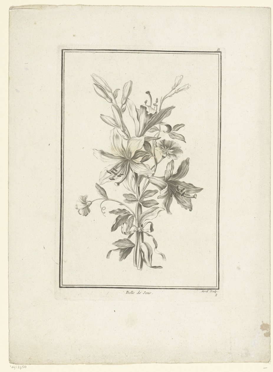 Bukett med lilja Belle de Jour (titel på objekt) IIe Cahier de Bouquets (serietitel) av Jean Jacques Avril (I)