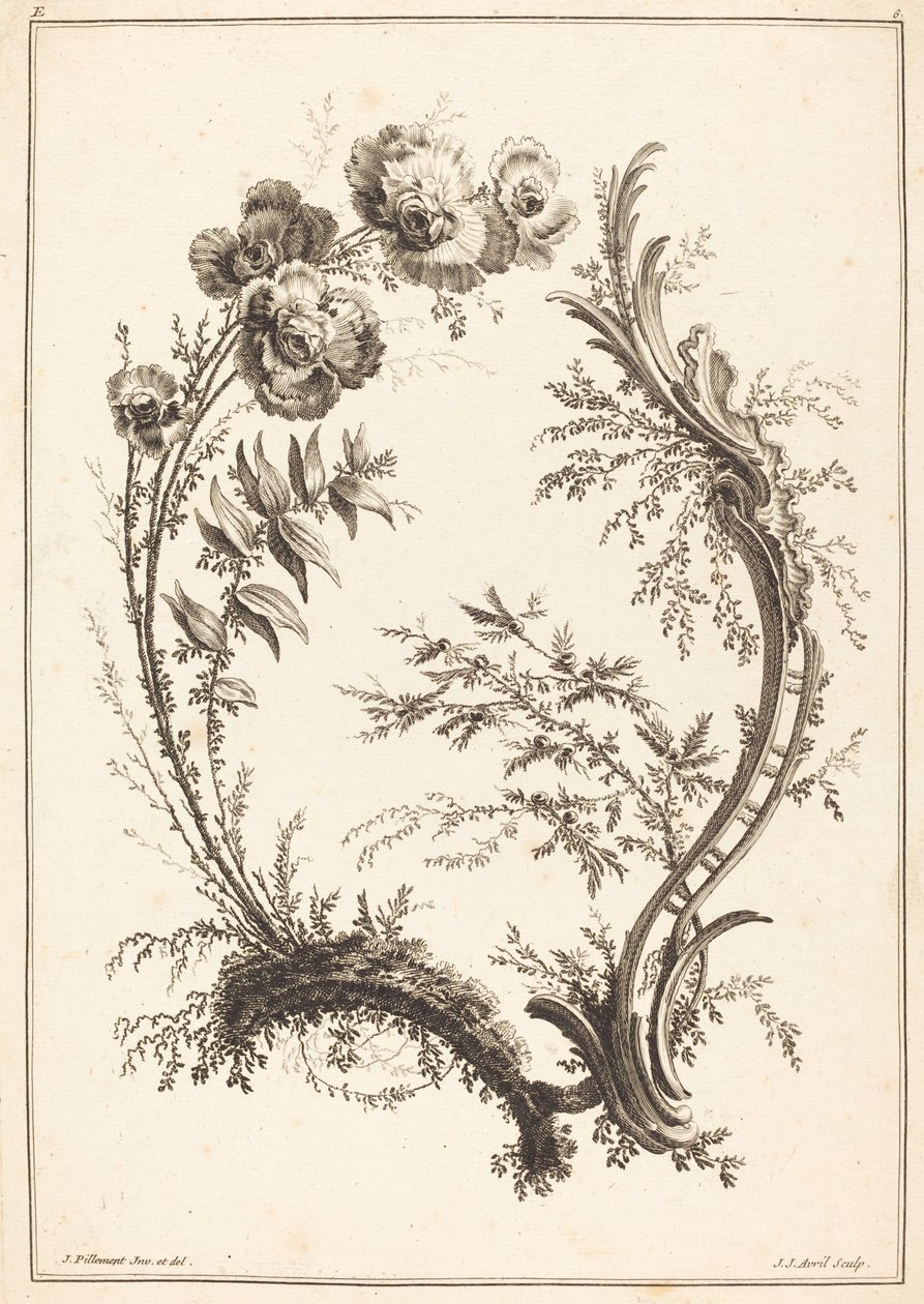 Prydnad med blommor av Jean Jacques Avril I after Jean Baptiste Pillement