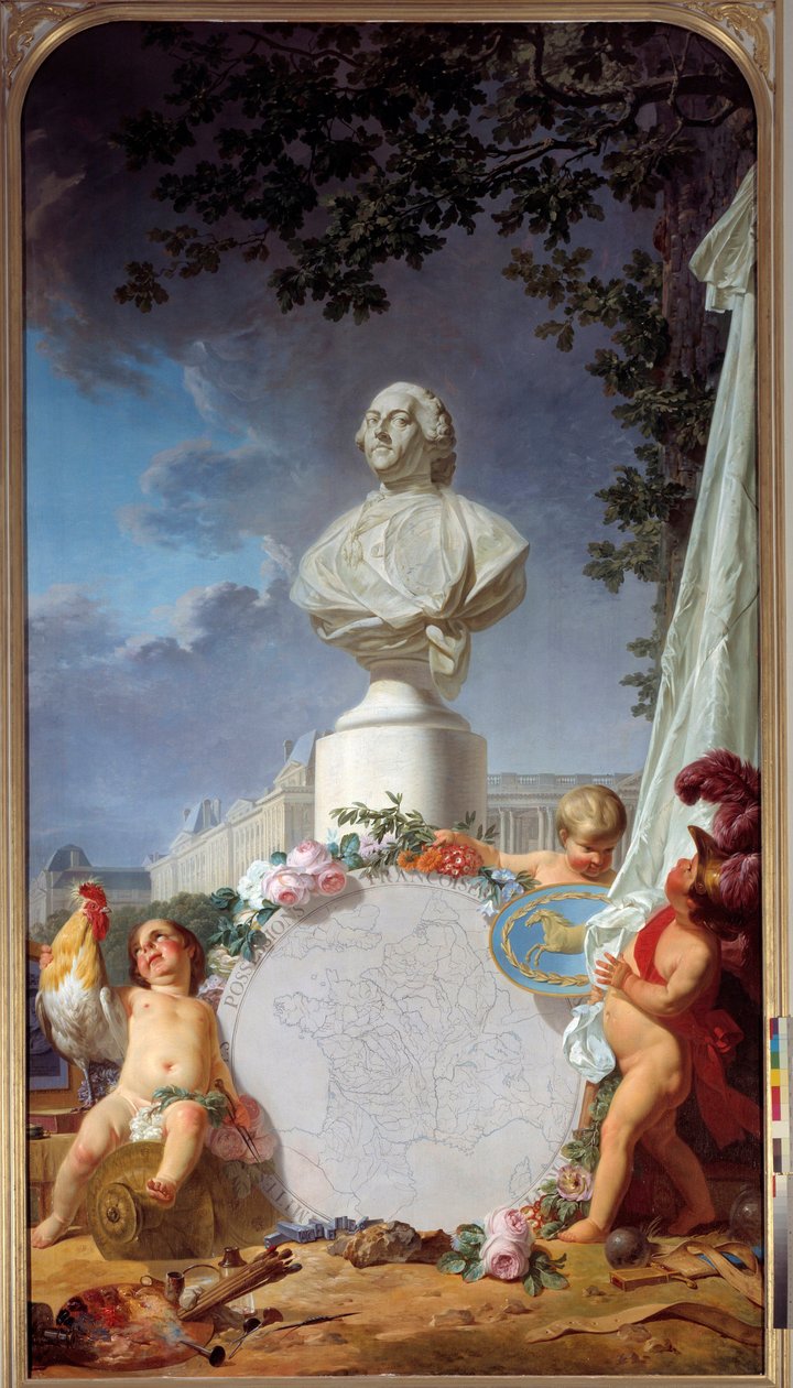 Lärda Europa Allegorisk representation av Frankrikes härlighet, bysten av Ludvig XVI (1754-1793) dominerar en karta över franska ägodelar, en tupp, angelots och symboler för konst och vetenskap. Målning av Jean Jacques Bachelier (1724-1806) 1762 Versaille av Jean Jacques Bachelier