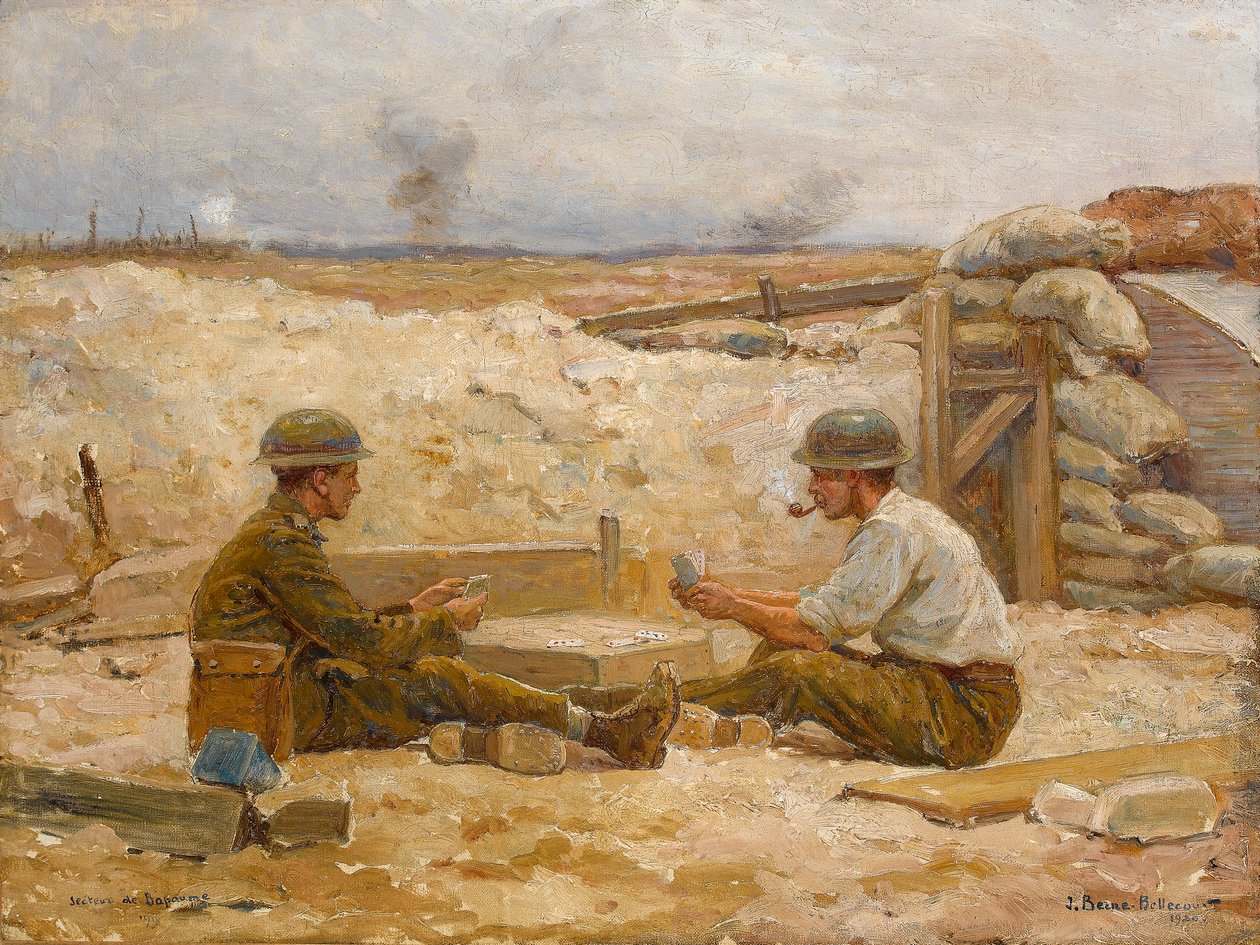 Två brittiska officerare spelar kort utanför sin dugout, Secteur de Bapaume, 1918-20 av Jean Jacques Berne Bellecour