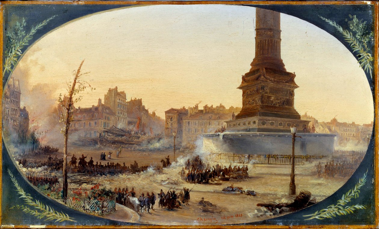 Revolutionen 1848: "" Utsikt över Place de la Bastille och barrikaden vid ingången till Faubourg Saint Antoine den 25/06/1848" Målning på marouflpapper av Jean Jacques Champin (1796-1860) 1848 Sön. 0,28 x 0,43 m Paris, Musee Carnavalet av Jean Jacques Champin