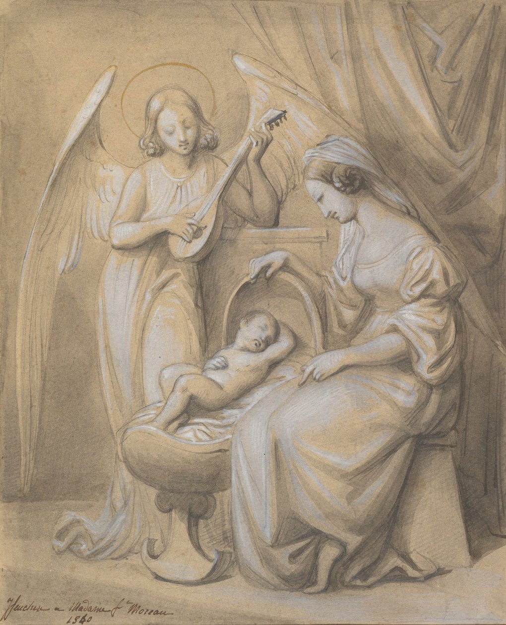Jungfru och barn älskade av en lutspelande ängel, 1820-52. av Jean Jacques Feuchere
