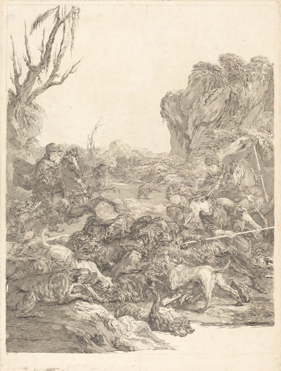 En björnjakt av Jean Jacques Flipart after Carle Van Loo