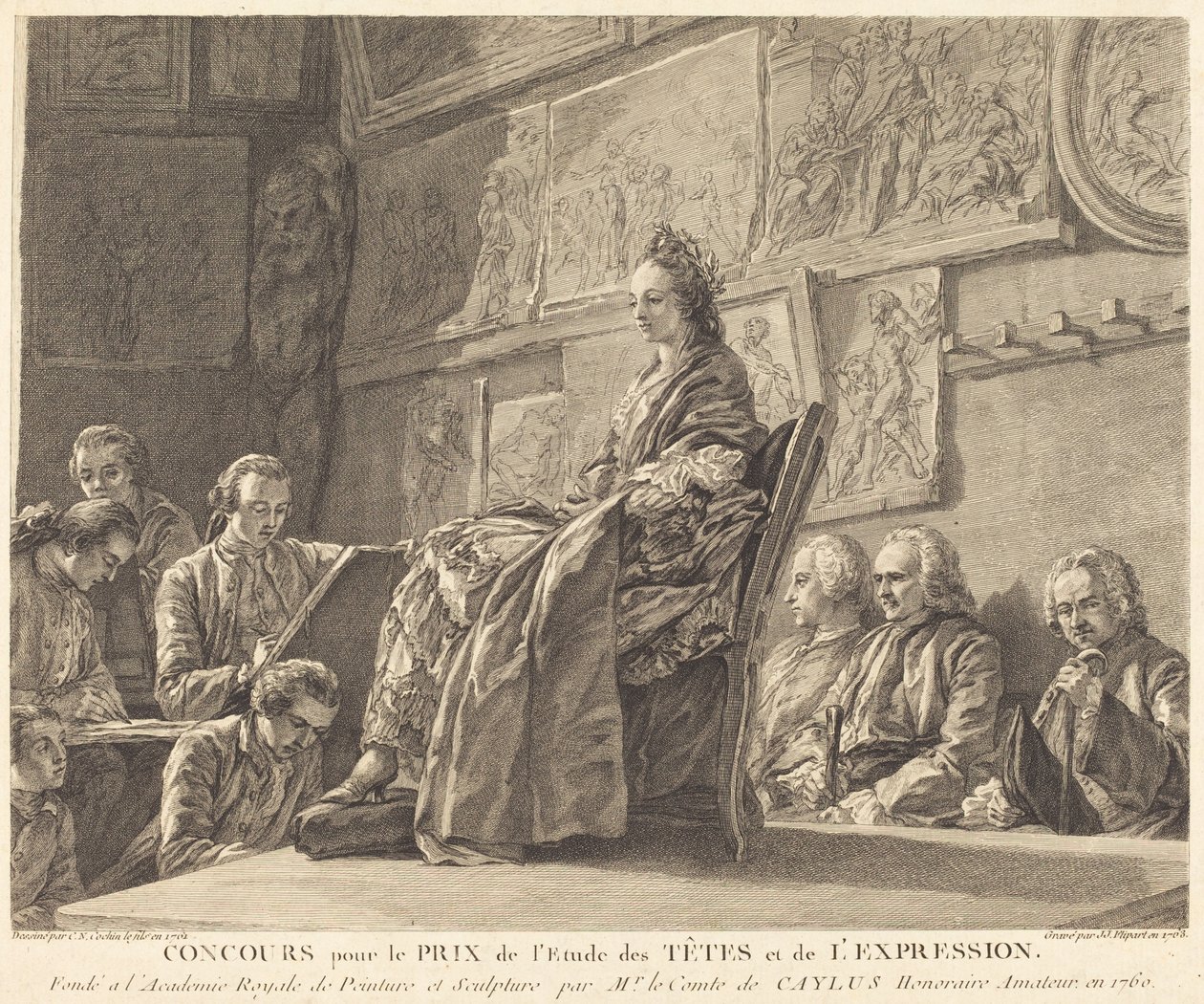 Tävling om priset för studier av huvuden och uttryck av Jean Jacques Flipart after Charles Nicolas Cochin II
