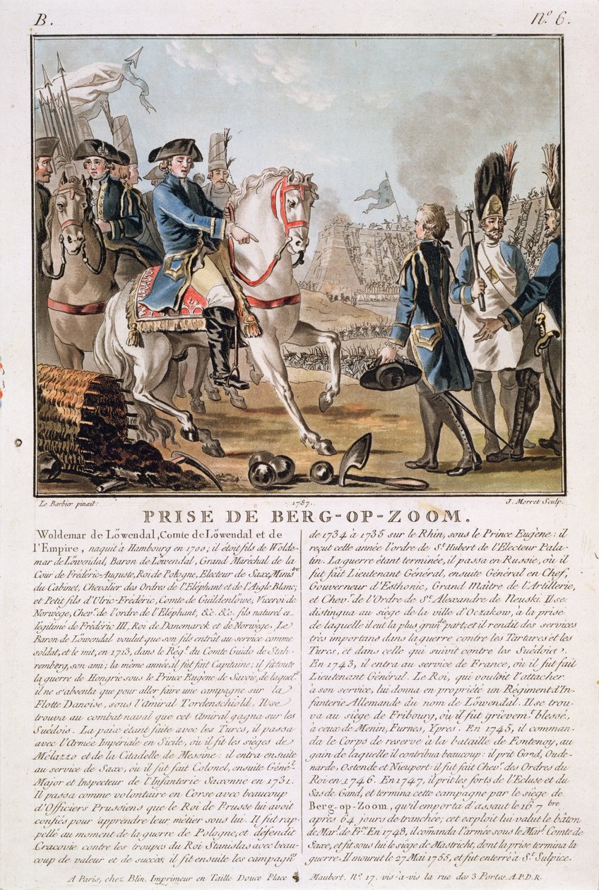 The Take of Berg-op-Zoom, Nederländerna, 1747, graverad av Jean Baptiste Morret (fl.1790-1820), 1787 av Jean Jacques Francois Le Barbier