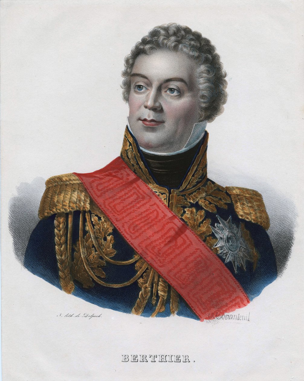 Louis Alexandre (Louis-Alexandre) Berthier (1753-1815), Prins av Wagram, Prins av Neuchatel - Monanteuil, Jean-Jacques-Francois (1785-1860) - 1835 - Litografi, akvarell - 32x24,5 - Privat samling av Jean Jacques Francois Monanteuil