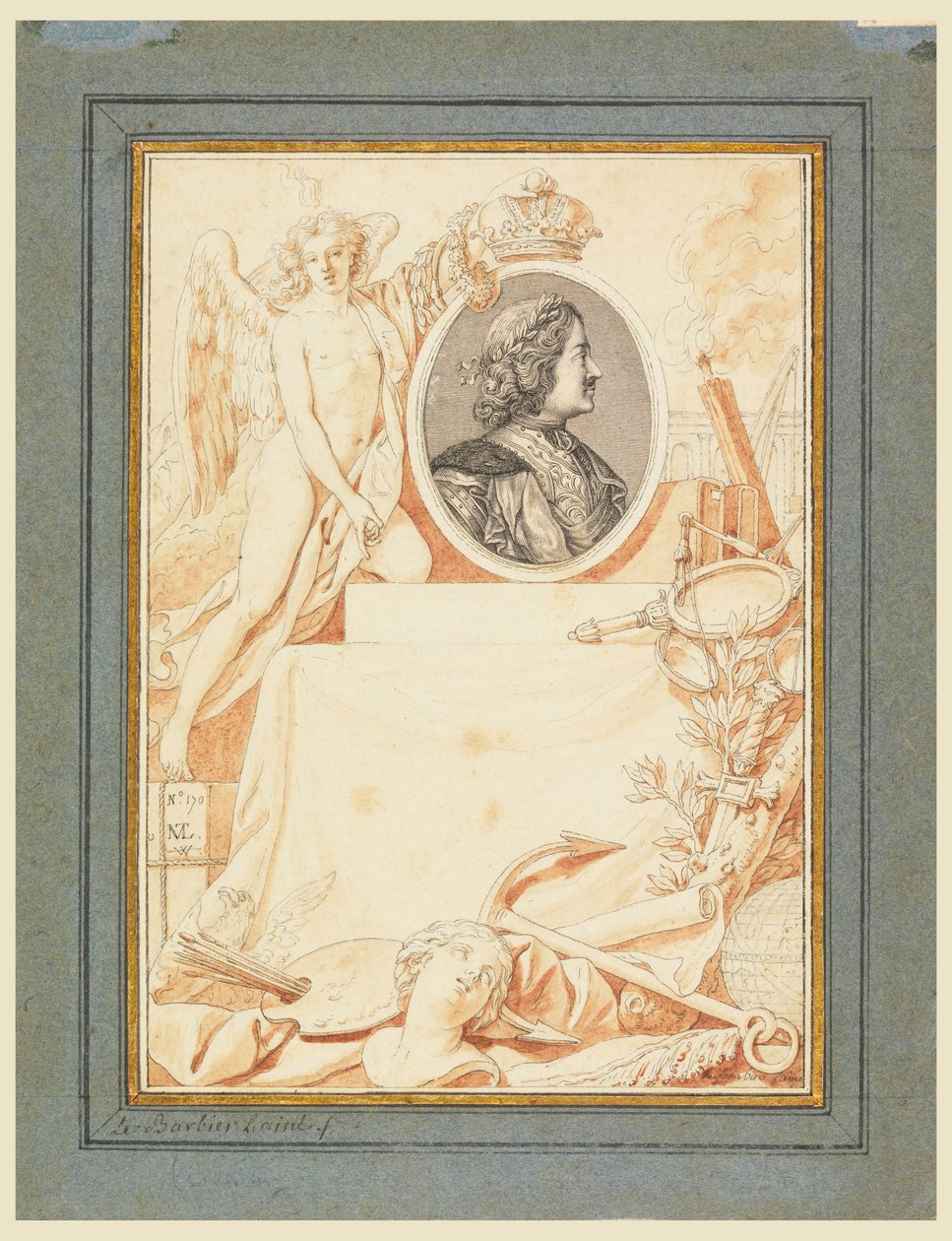 Teckning, Frontispiece till en historia om Peter den store, ca 1780 av Jean Jacques Francois Le Barbier