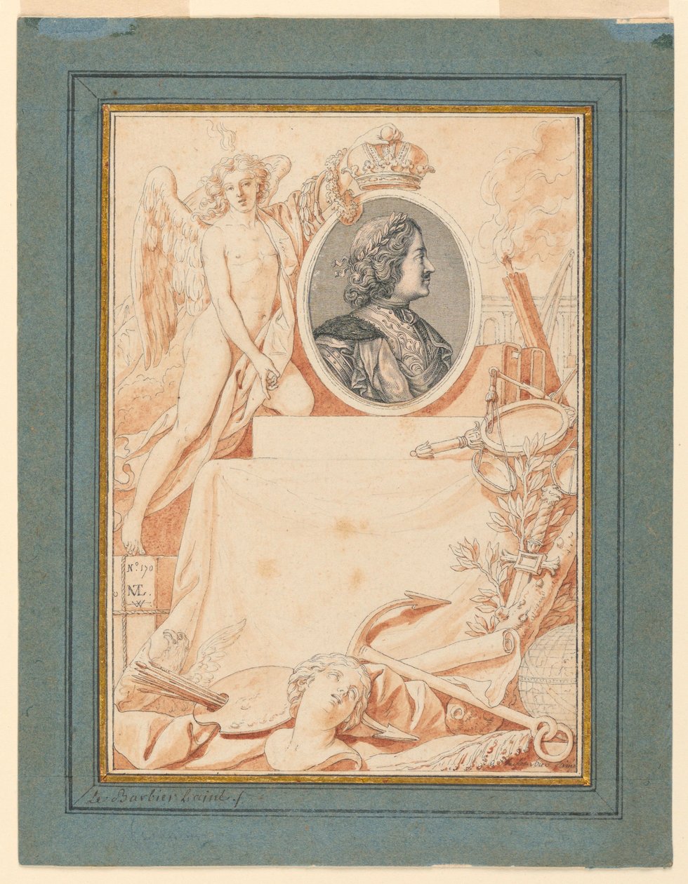 Teckning, Frontispiece till en historia om Peter den store, ca 1780 av Jean Jacques Francois Le Barbier
