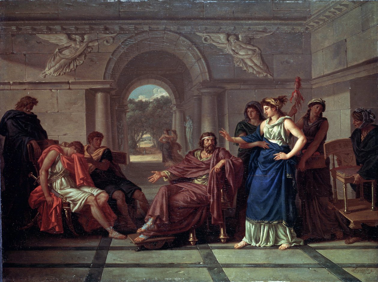 Helen som känner igen Telemachus, Son of Odysseus (Helen Recognizing Telemachus, Son of Odysseus). Scen från grekisk mytologi, i Homers Odyssey (slutet av 800-talet f.Kr.). Målning av Jean Jacques Lagrenee (1739-1821), olja på trä av Jean Jacques II Lagrenee