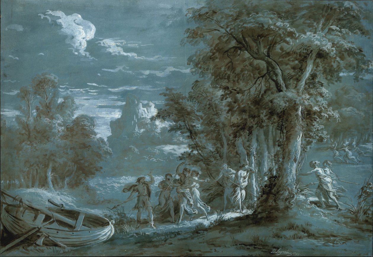 Landskap med en scen från Fénelons Télémaque, 1780. av Jean Jacques Lagrenee