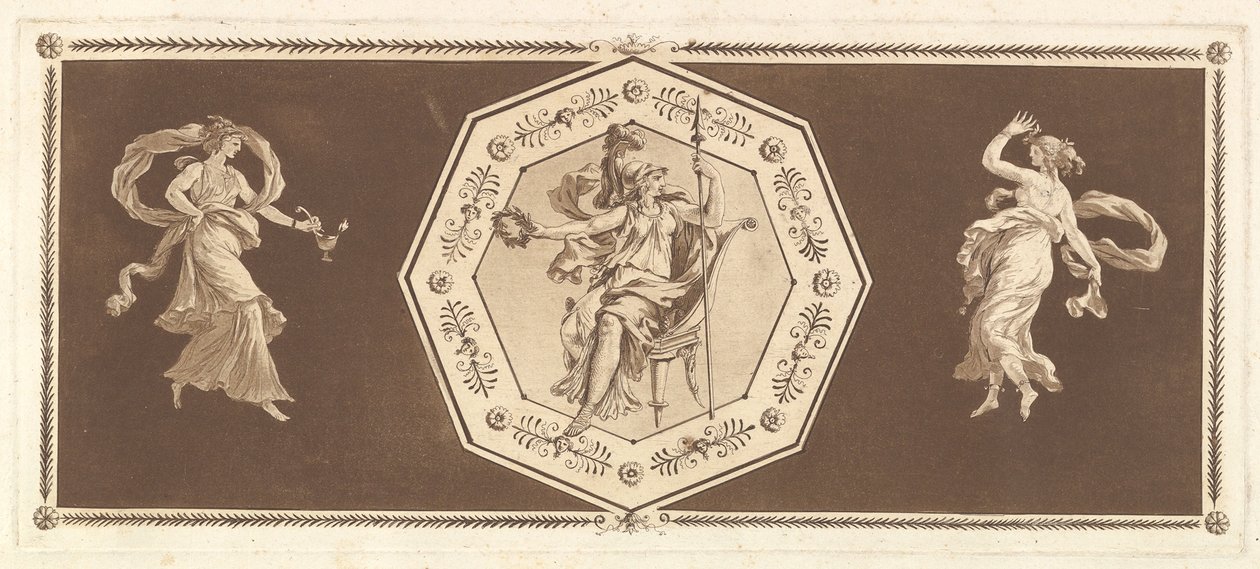 Minerva sittande i en dekorativ oktagon, med en figur till vänster och till höger Natten..., 1784. av Jean Jacques Lagrenee