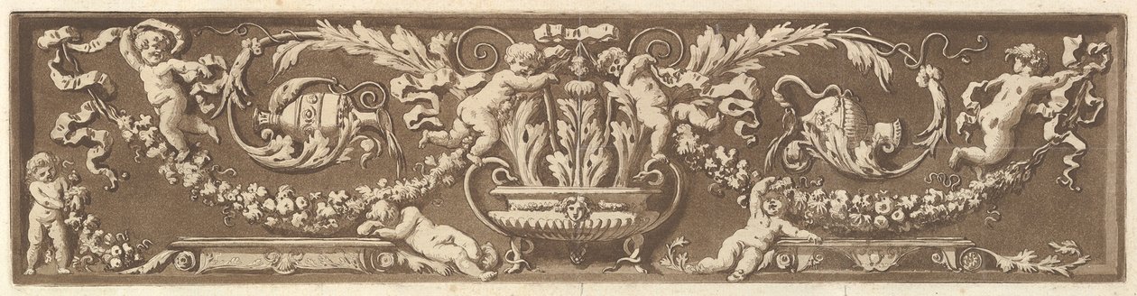 Prydnadsfris med putti, akantusblad och girlander av frukt, från Recueil de Diff..., 1784. av Jean Jacques Lagrenee