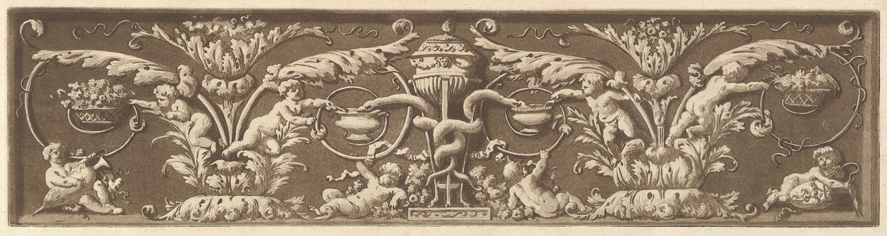 Prydnadsfris med putti och sammanflätade ormar, från Recueil de Différentes Compositi..., 1784. av Jean Jacques Lagrenee