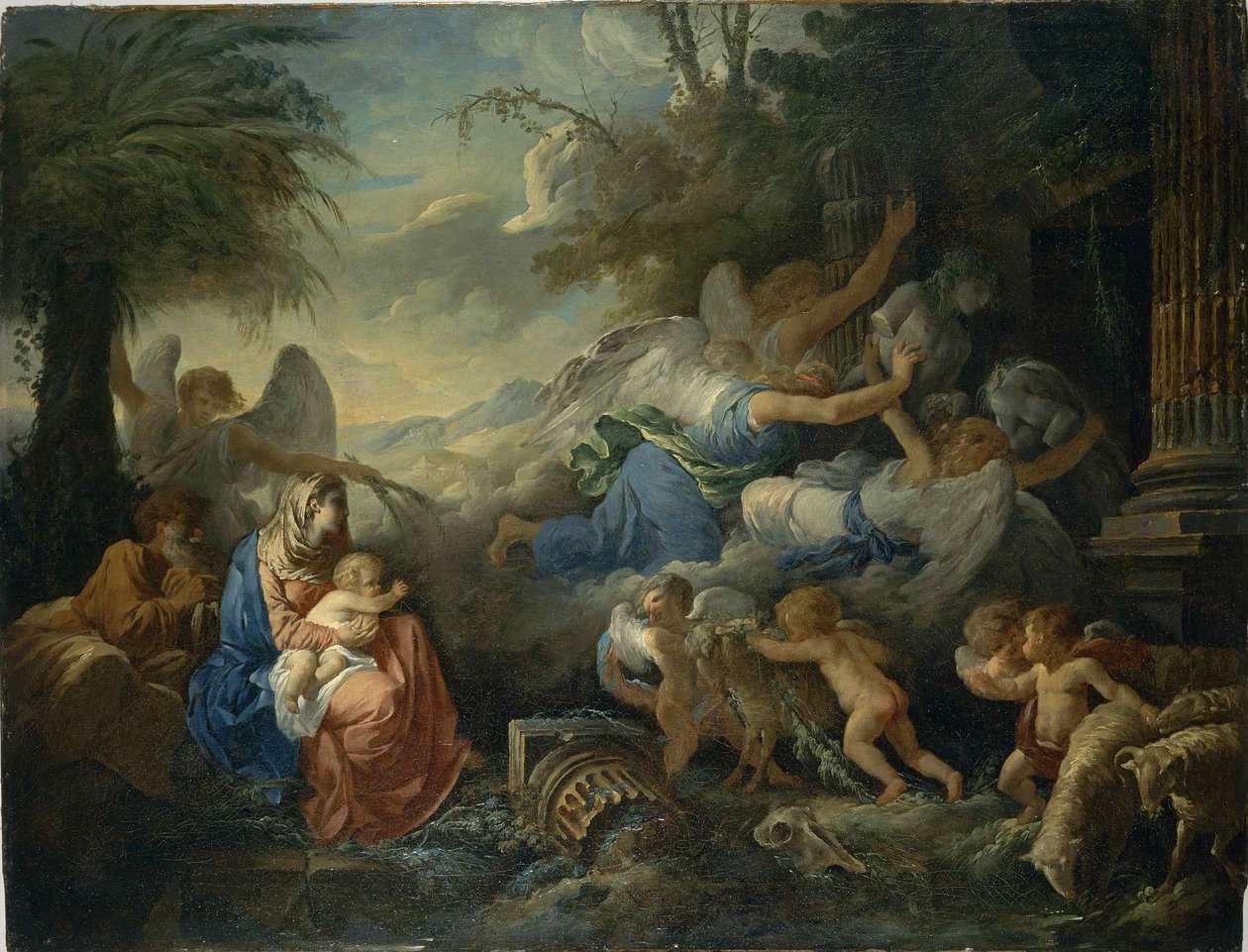Idolernas fall och resten på flykten till Egypten, ca 1775. av Jean Jacques Lagrenee
